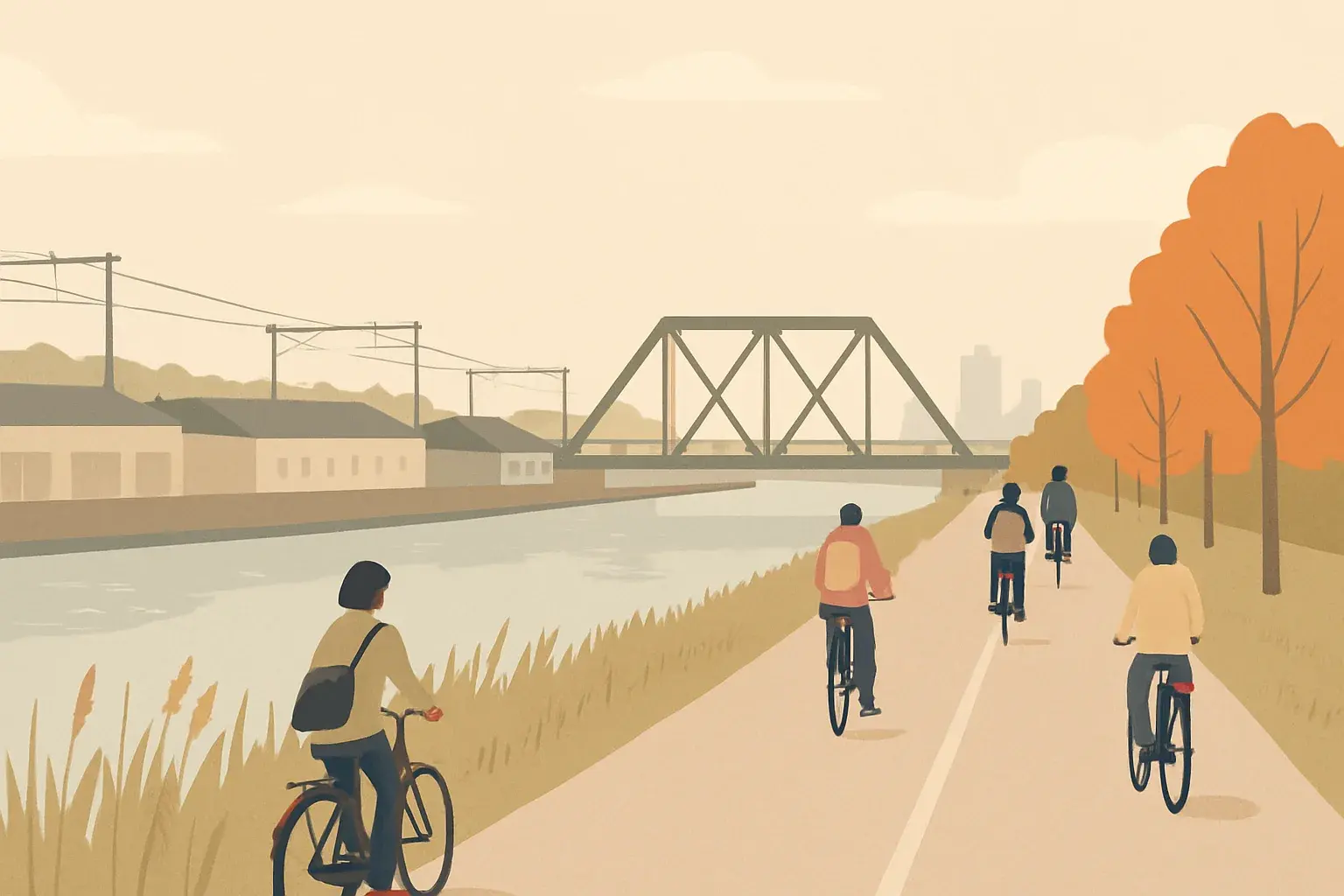 Cyclists riding along a wide canal-side path with industrial rooftops and a railway line in the background, approaching a modest steel bridge over the water.