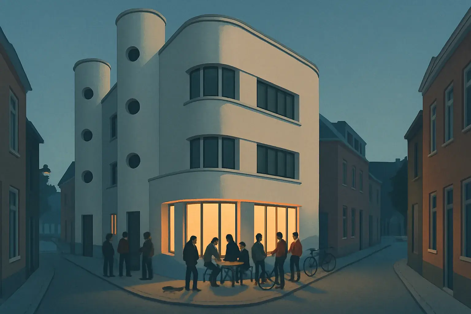 An illustration of a 1930s corner building with rounded stairwell windows glowing warmly at dusk, small groups of people gathered outside near skateboards and folding tables, evoking a lively cultural venue without any readable signage.