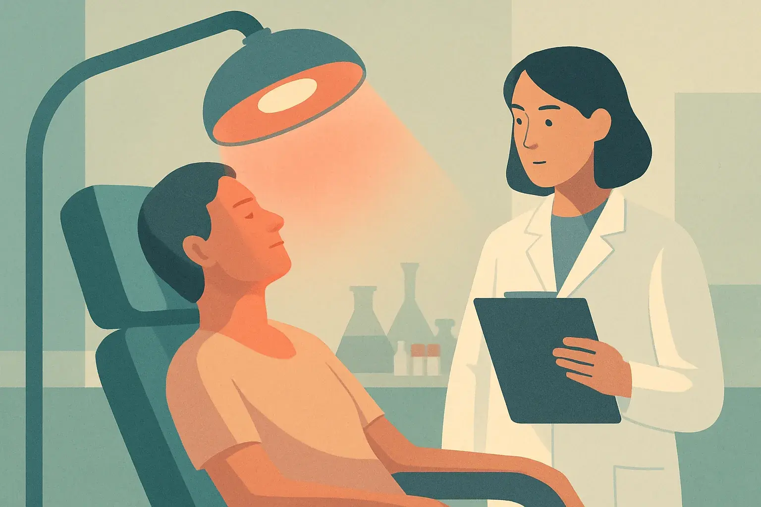 A stylised illustration of a hospital treatment room where a soft red glow from a specialised lamp falls on a patient's neck and shoulder area, with a researcher in a white coat observing beside laboratory equipment.