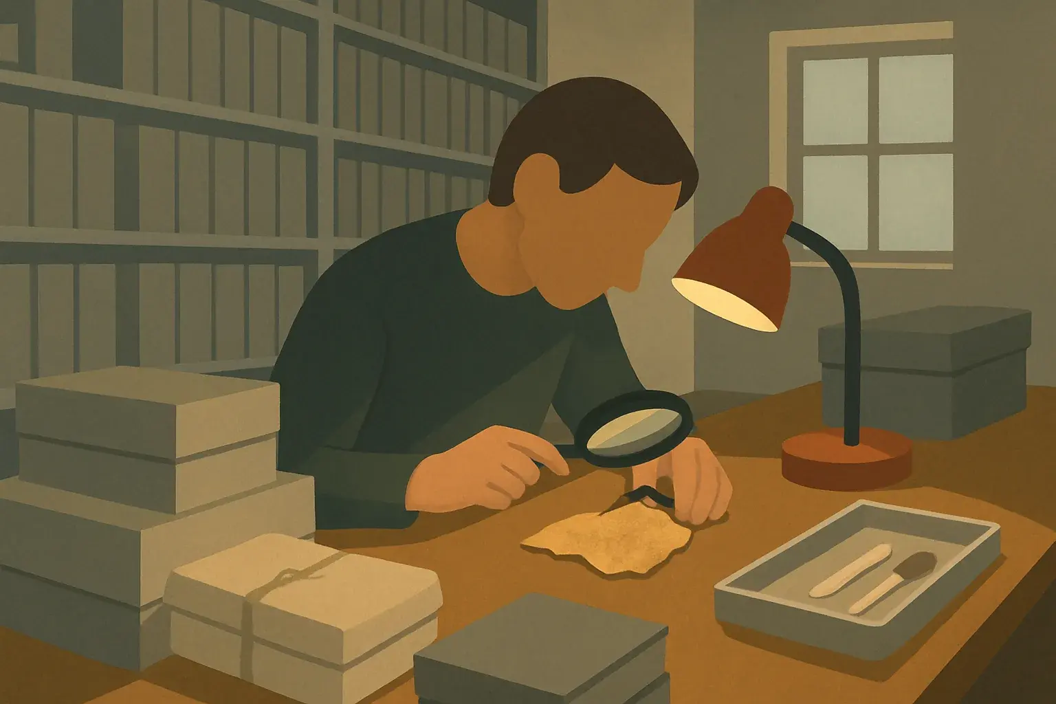 A researcher in a university special collections room examines a small, aged fragment of parchment under soft light, surrounded by archival boxes and manuscript folders.